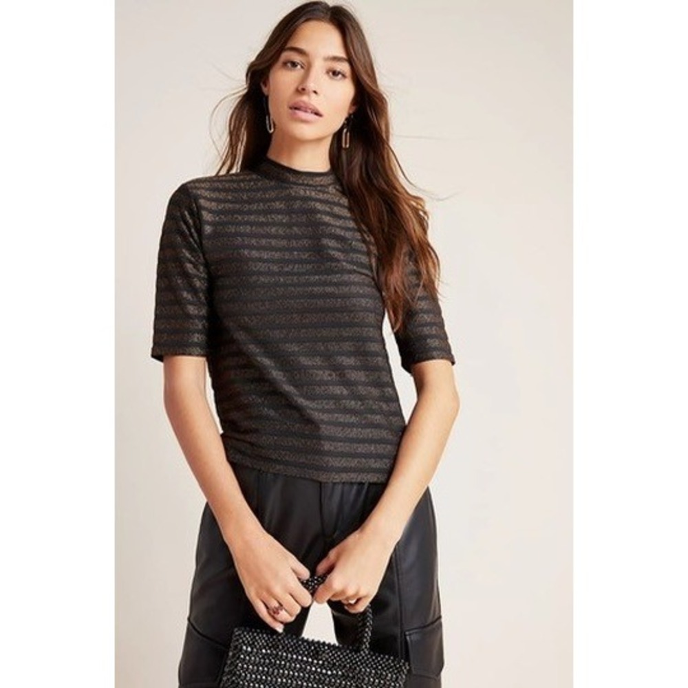 Anthropologie BB Dakota Shimmer Mock Neck Top Black Copper Womens Medium Striped